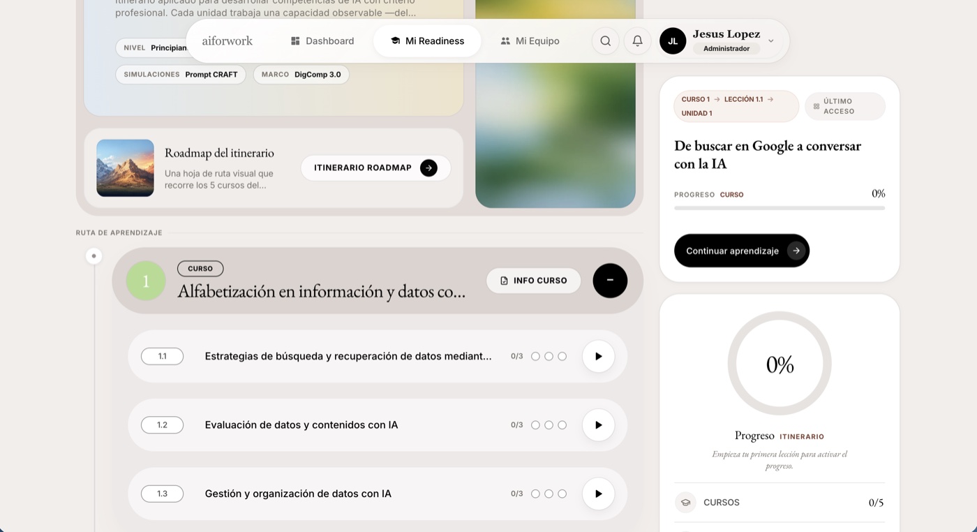 Ruta de aprendizaje adaptada al rol con cursos, lecciones y progreso