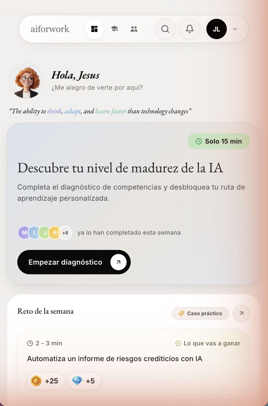 App móvil con diagnóstico de madurez IA y reto semanal