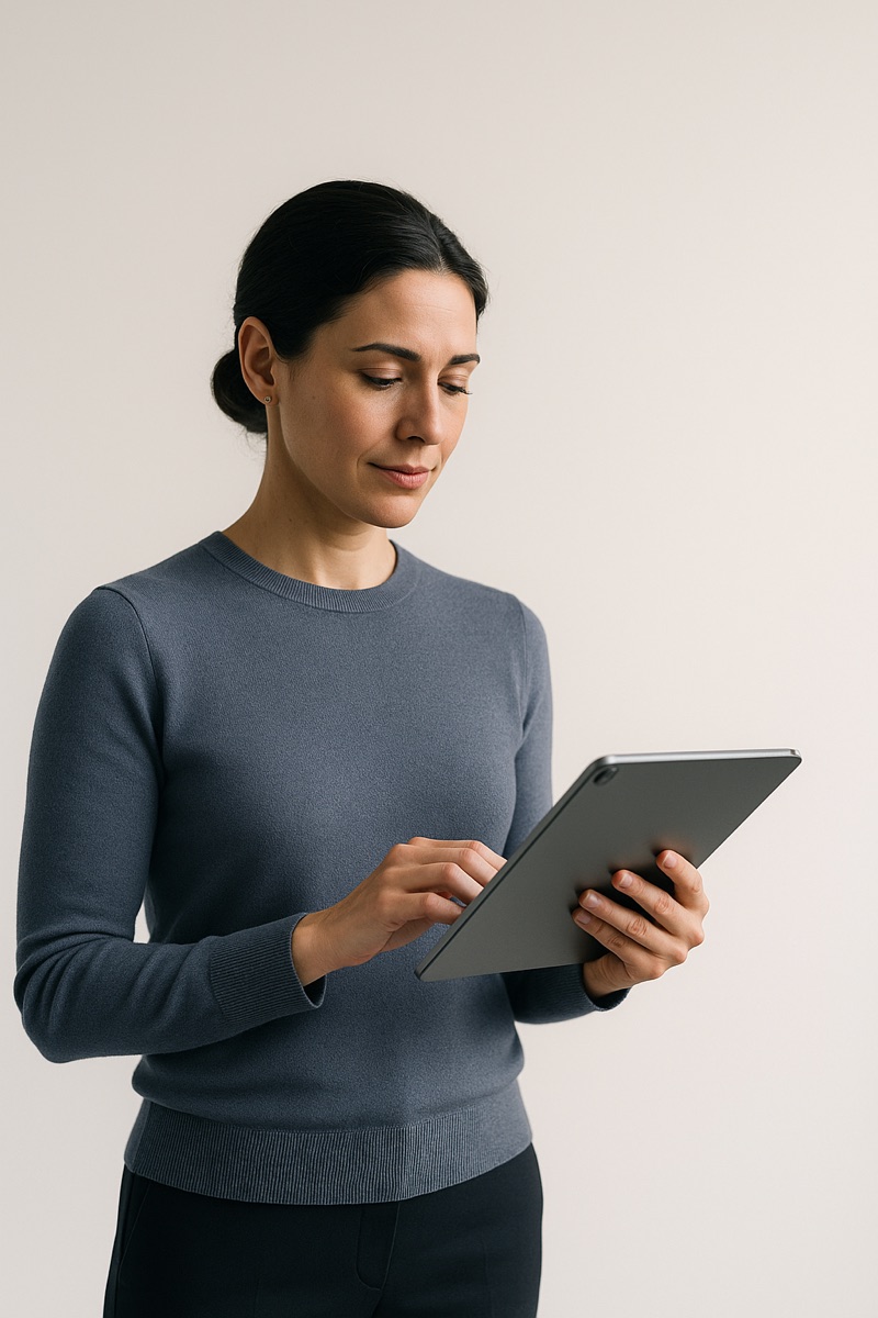 Profesional revisando en una tablet el nivel de IA de su equipo, por rol